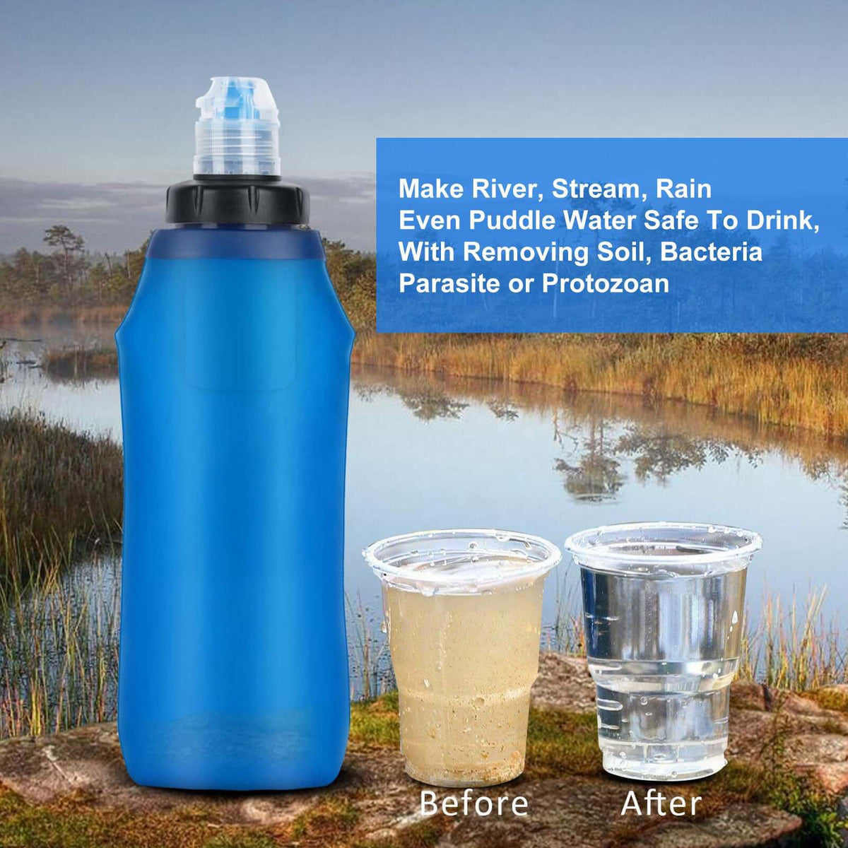 HygieniSafe® 600ml Collapsible Water Filter Bottle