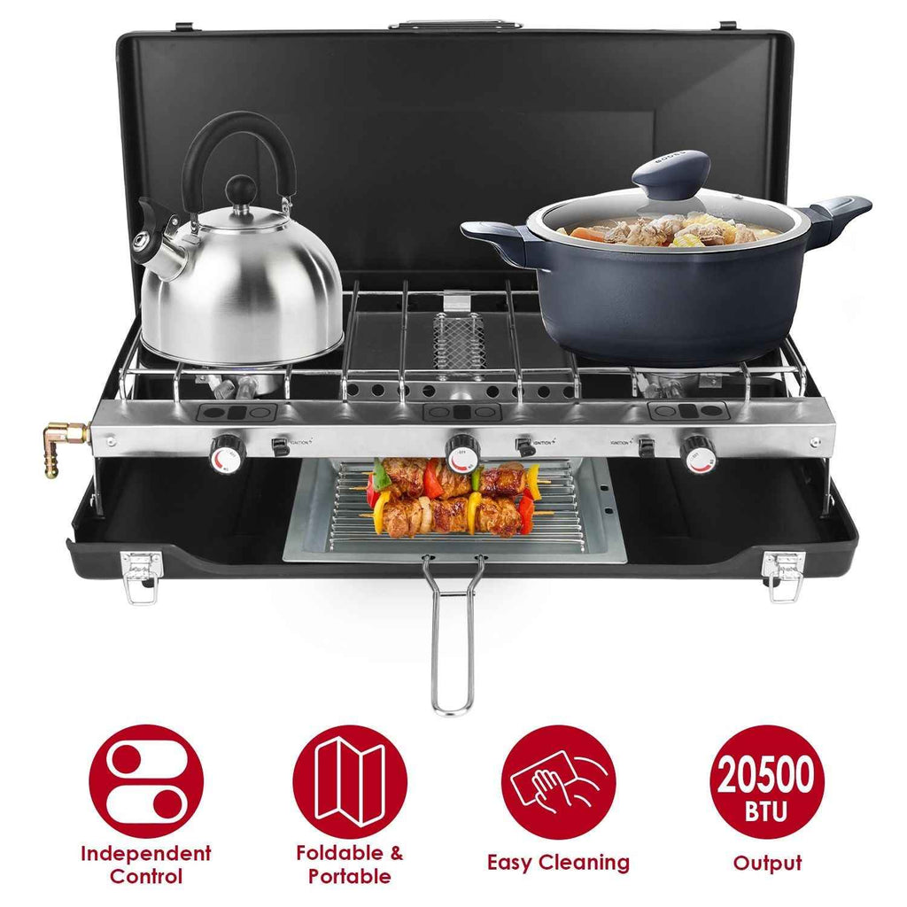 3-Burner Portable Propane Camping Stove — 20,500 BTU