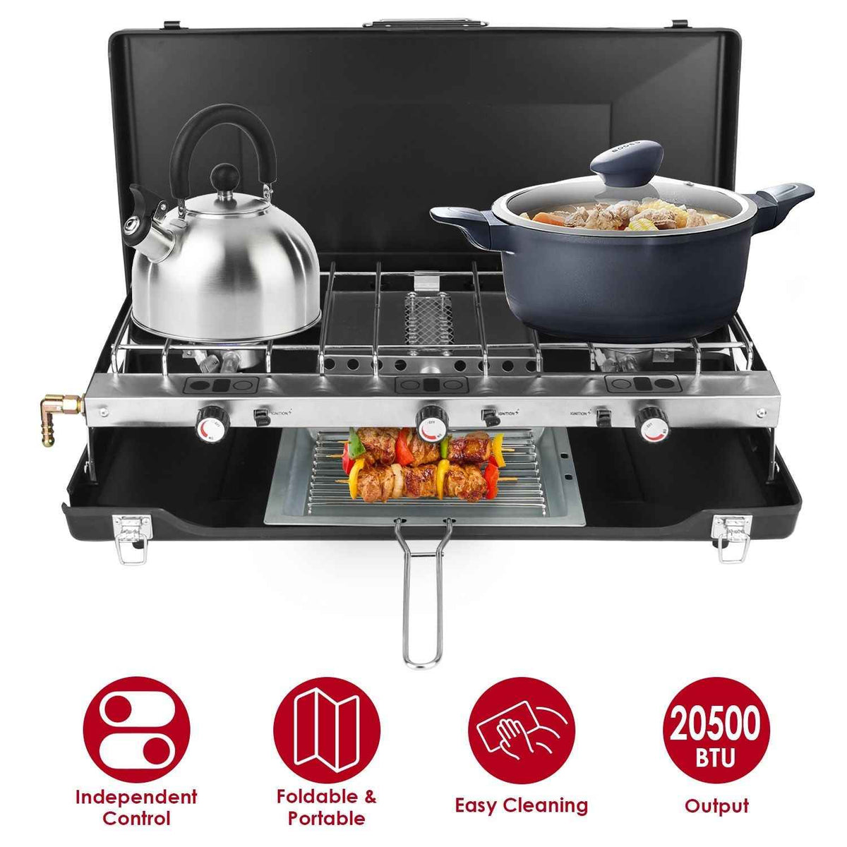 3-Burner Portable Propane Camping Stove — 20,500 BTU