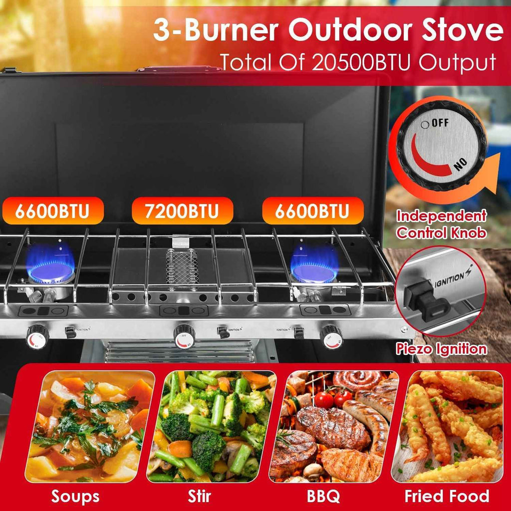 3-Burner Portable Propane Camping Stove — 20,500 BTU